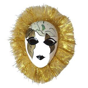 Vintage Venetian Masquerade Mask Wall Hanging Porcelain White Yellow Trim